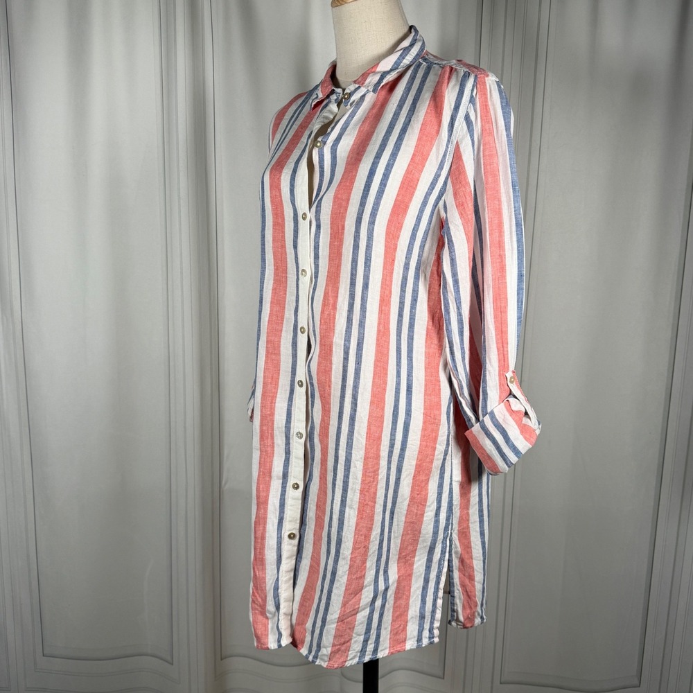 Artisan NY 100% Linen Striped Button-Down Shirt Dress Muted Coastal Tunic-Medium - Picture 11 of 13